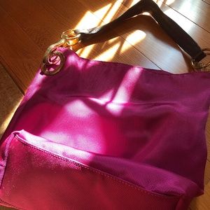 JPK Paris 75  Hot Pink Nylon Shoulder Tote Bag with Chunky Gold Clasps